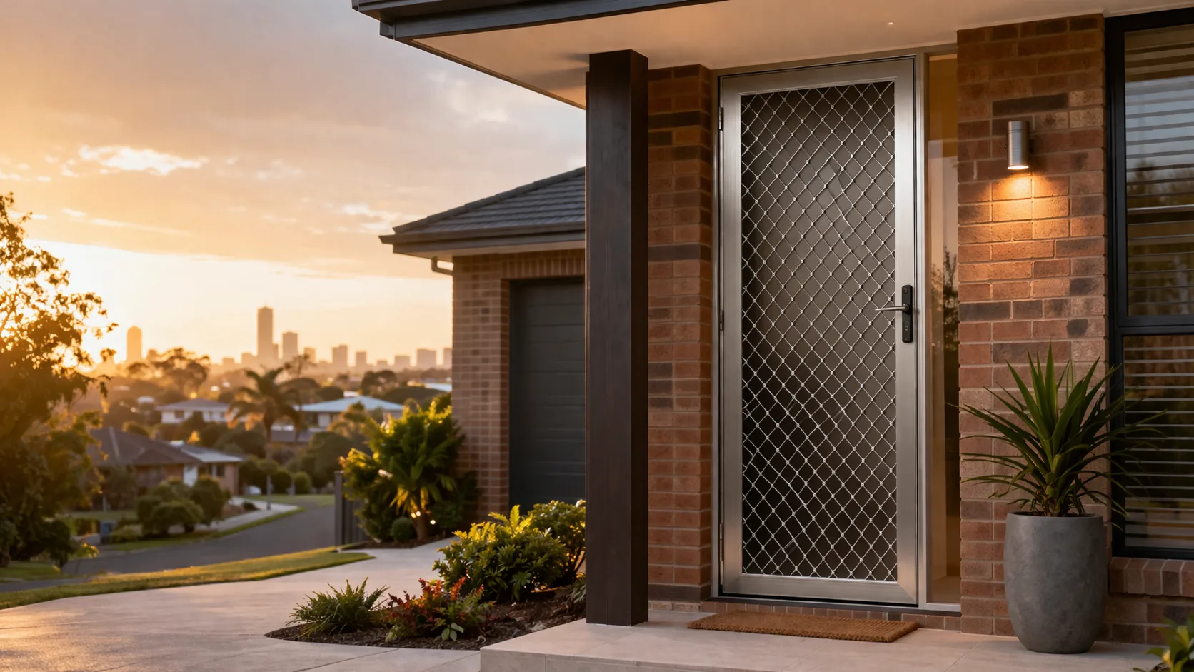 Stainless steel security screen door installed on a Brisbane home at golden hour